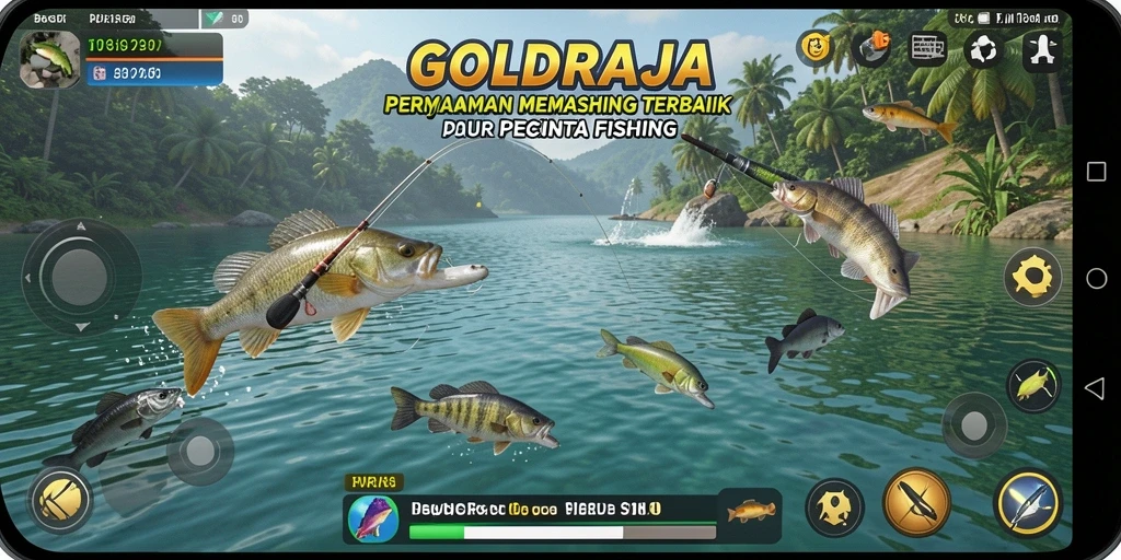 Tampilan gameplay GOLDRAJA saat menangkap ikan di lokasi indah.