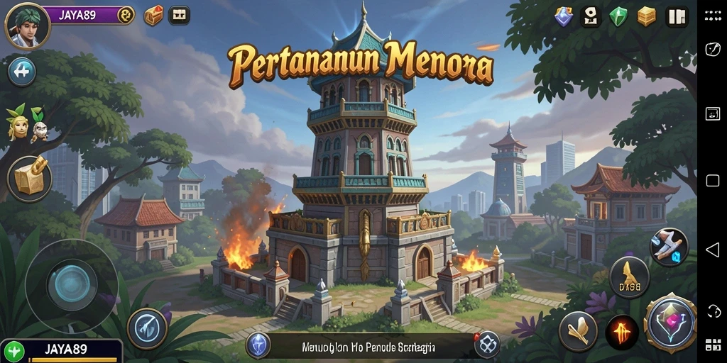 Screenshot JAYA89 menunjukkan aksi menara melawan gelombang musuh.