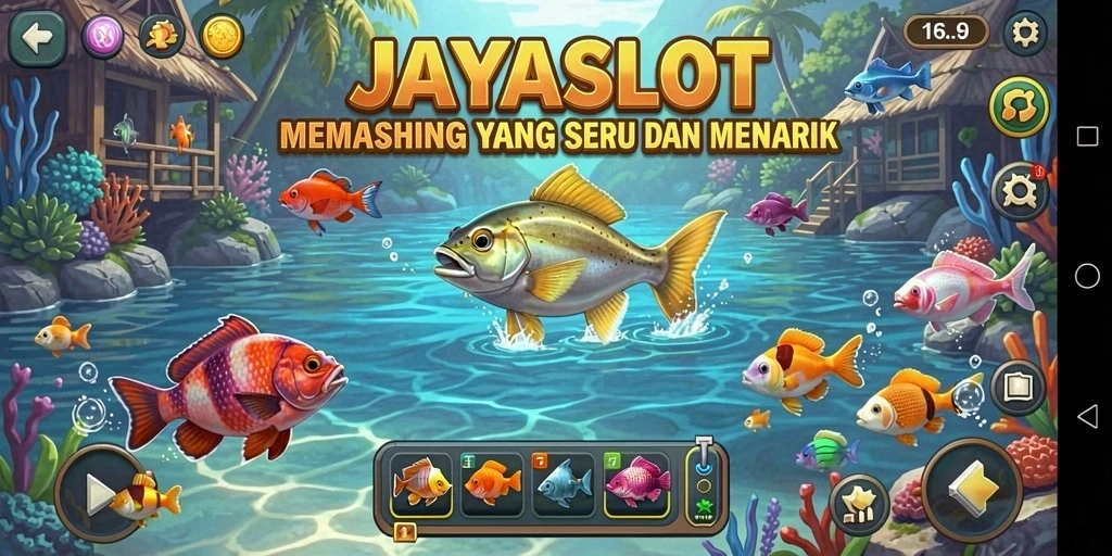 Tampilan gameplay JAYASLOT dengan ikan dan alat pancing.
