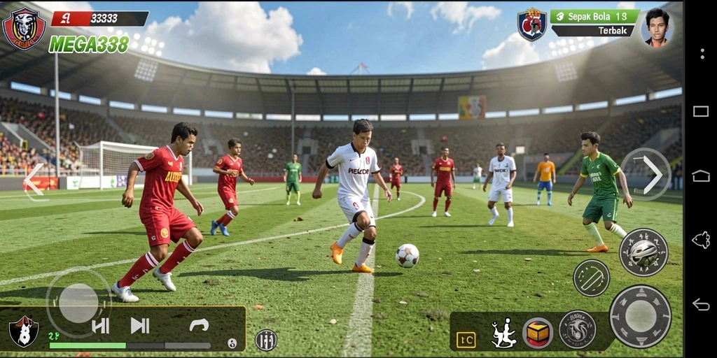Tampilan gameplay MEGA338 dengan aksi sepak bola yang mendebarkan.