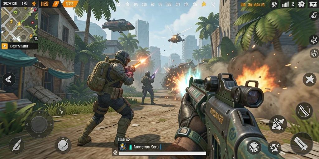 Screenshot utama ORCA128 menampilkan aksi bertarung yang menegangkan dalam game TPS.