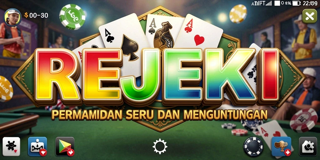 Tampilan screenshot utama REJEKI menampilkan aksi seru permainan Domino.