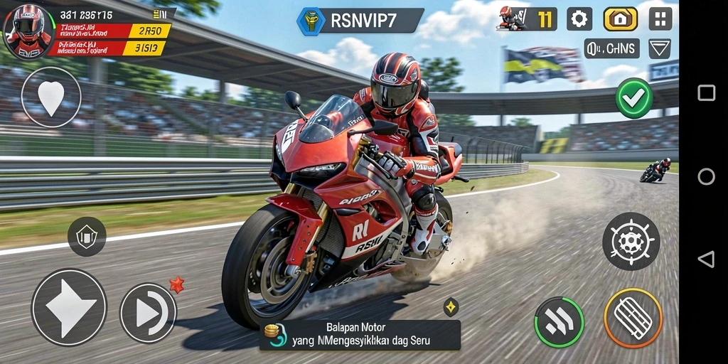 Screenshot gameplay RSNVIP7 menampilkan aksi balapan motor yang intens.