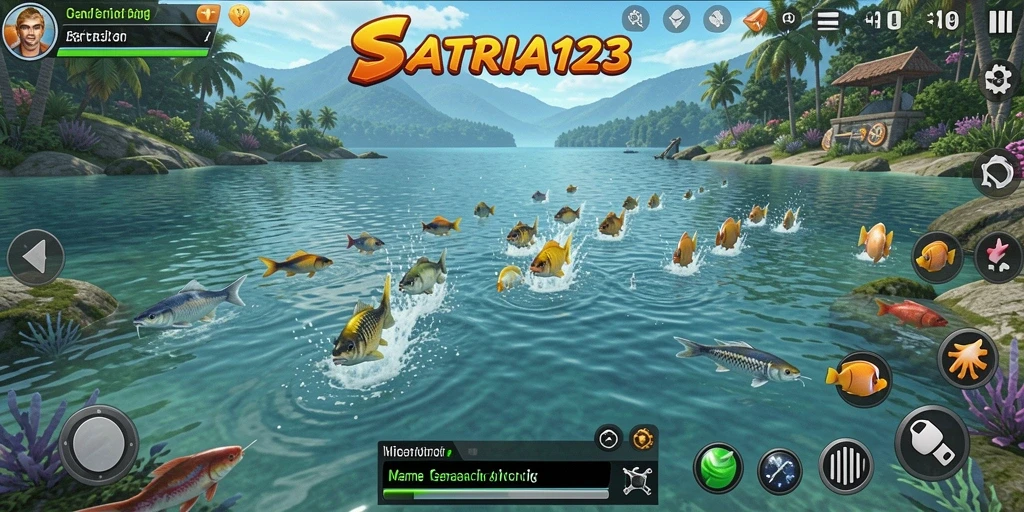 Screenshot menunjukkan gameplay memancing yang seru dan interaktif.