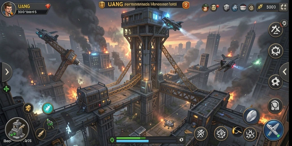 Screenshot UANG menampilkan aksi menara dalam pertempuran Tower Defense.